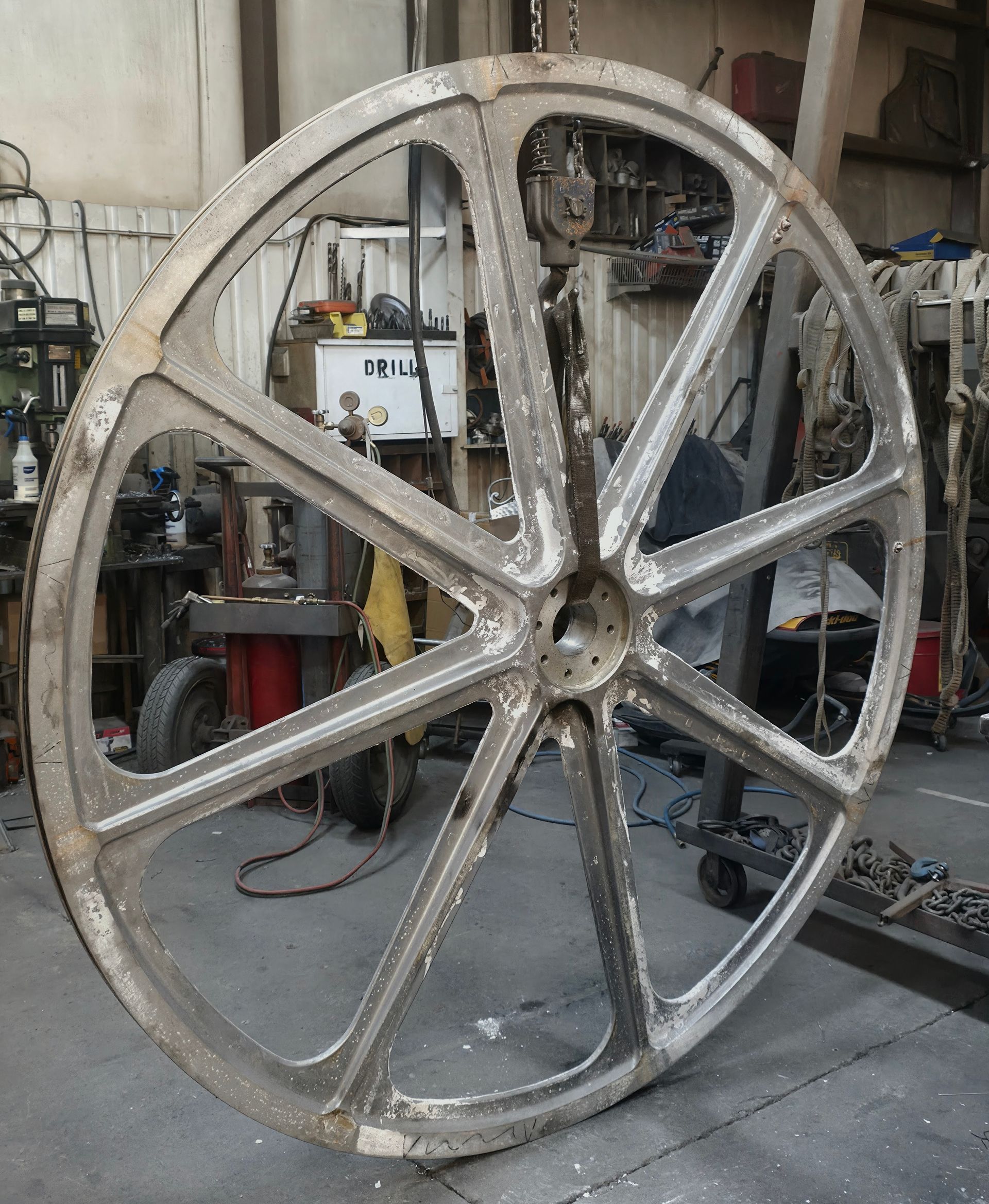Large rusted metal wheel or pulley standing upright in a workshop.