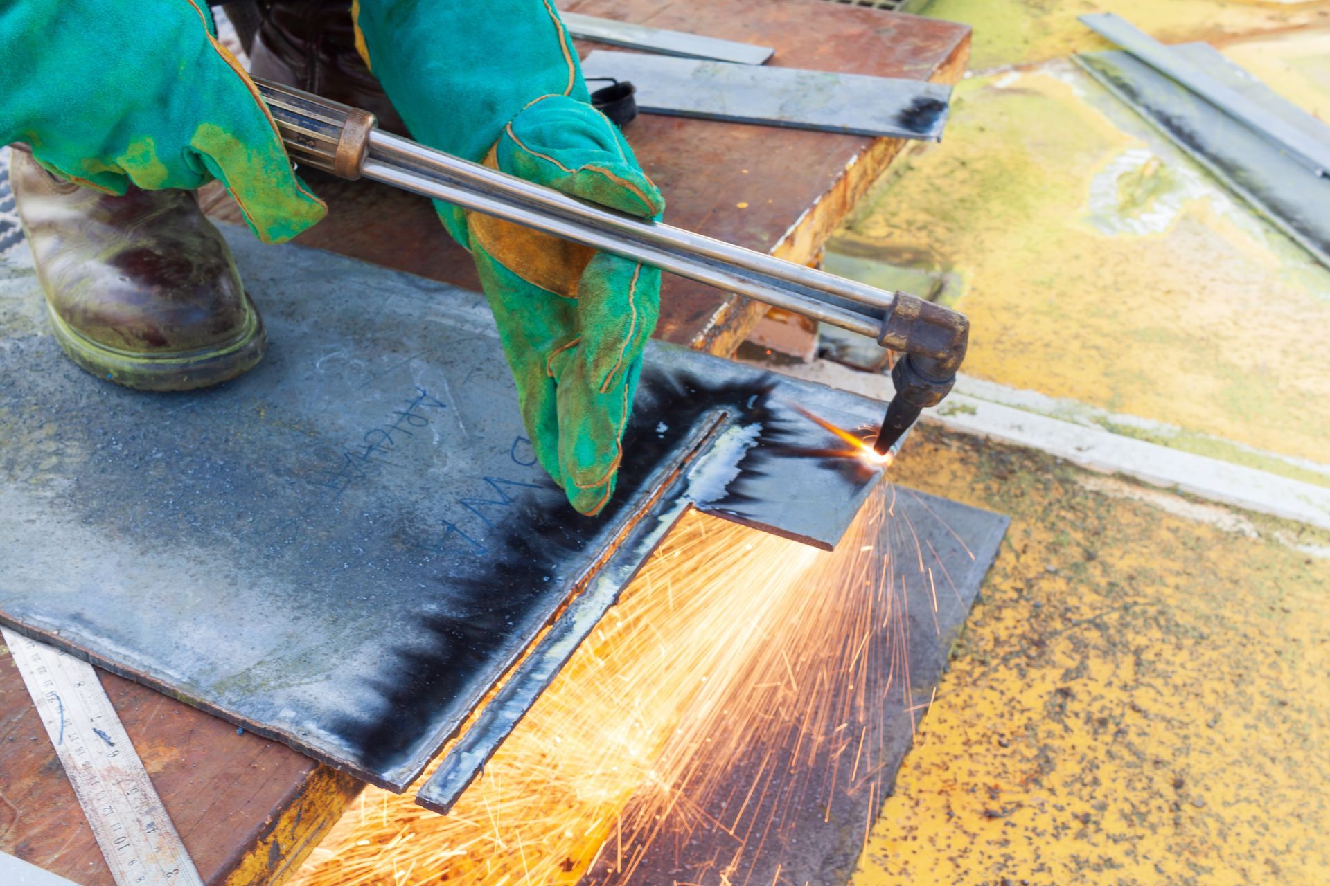 Worker welding a metal roof seam, with bright sparks on a weathered surface.