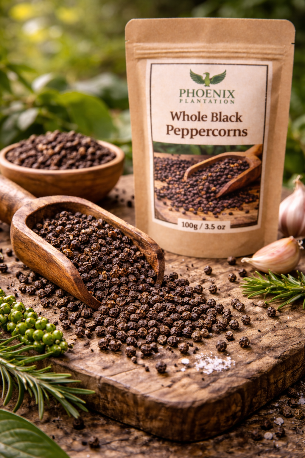 A pile of dried black peppercorns sits on a vibrant green leaf, with garlic, fresh green peppercorns, and herbs nearby.