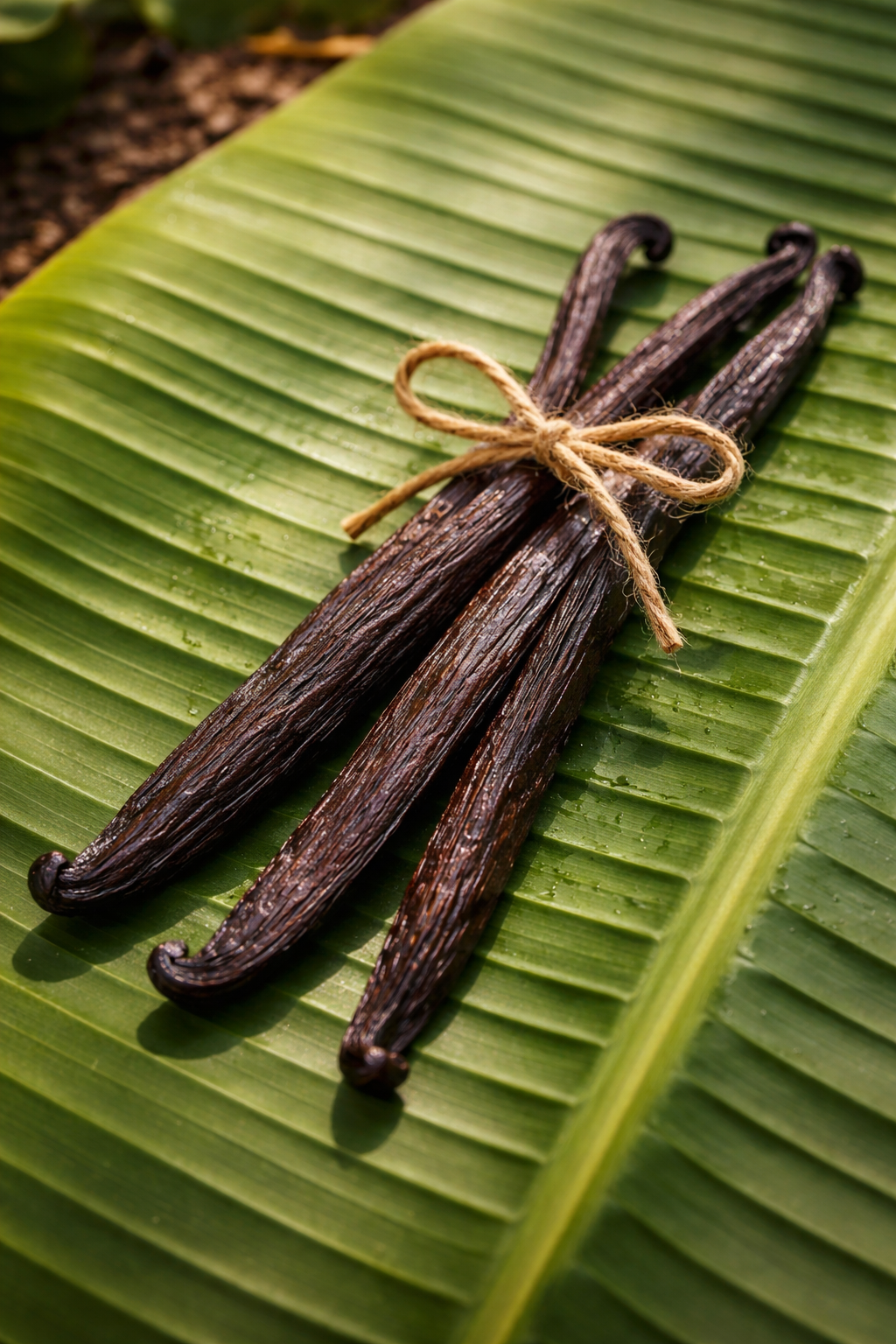 A bundle of dark vanilla beans on a wooden board, with a knife and scraped seeds nearby, plus baking ingredients.