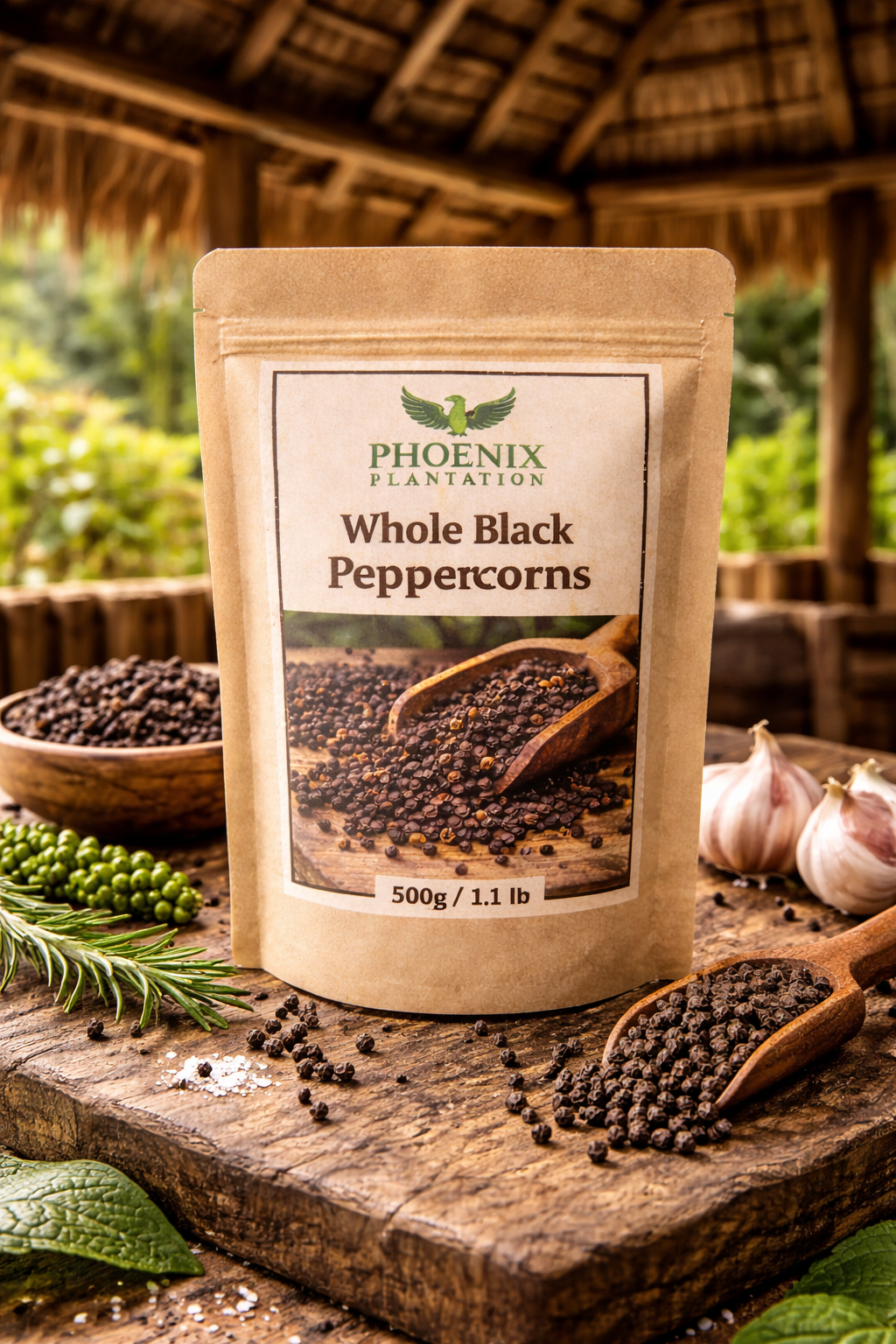 A bag of Phoenix Plantation Whole Black Peppercorns sits on a rustic wooden table surrounded by garlic and fresh herbs.