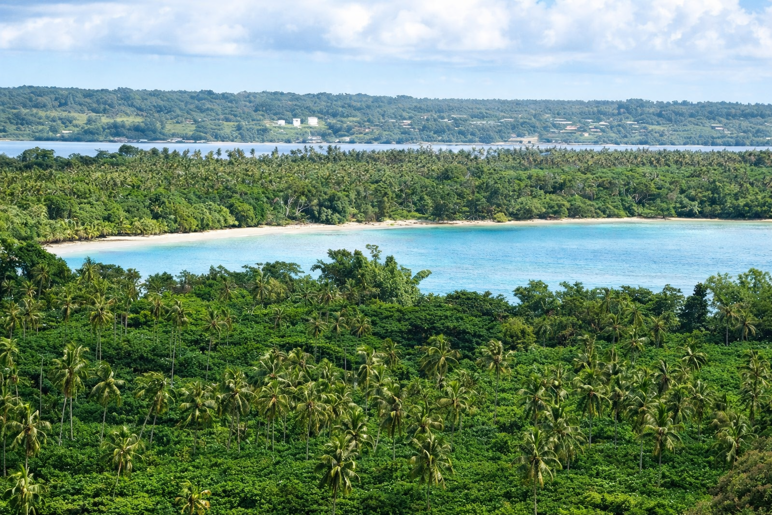 A lush green tropical forest surrounds a turquoise bay with a sandy beach, under a blue sky with white clouds.