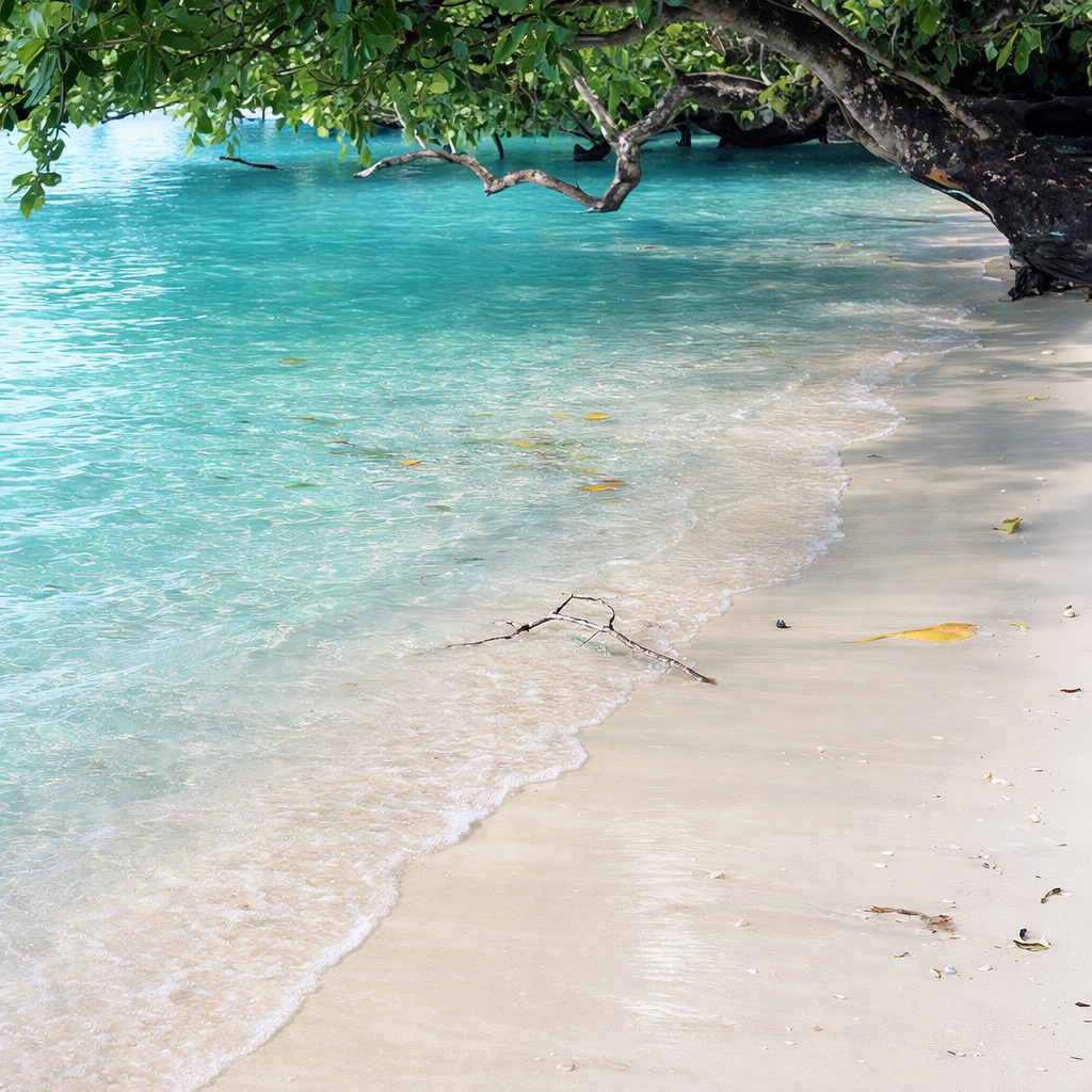 Crystal-clear turquoise water laps onto a sandy beach under the shade of overhanging tropical tree branches.
