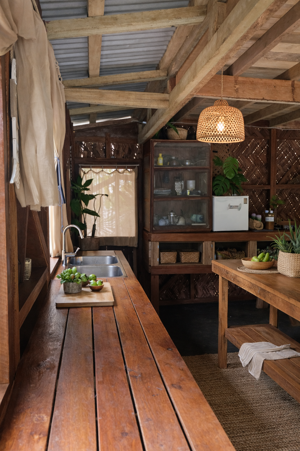 A rustic, wooden-themed kitchen with a slatted countertop, a sink, and a pendant light fixture in a cabin-style space.