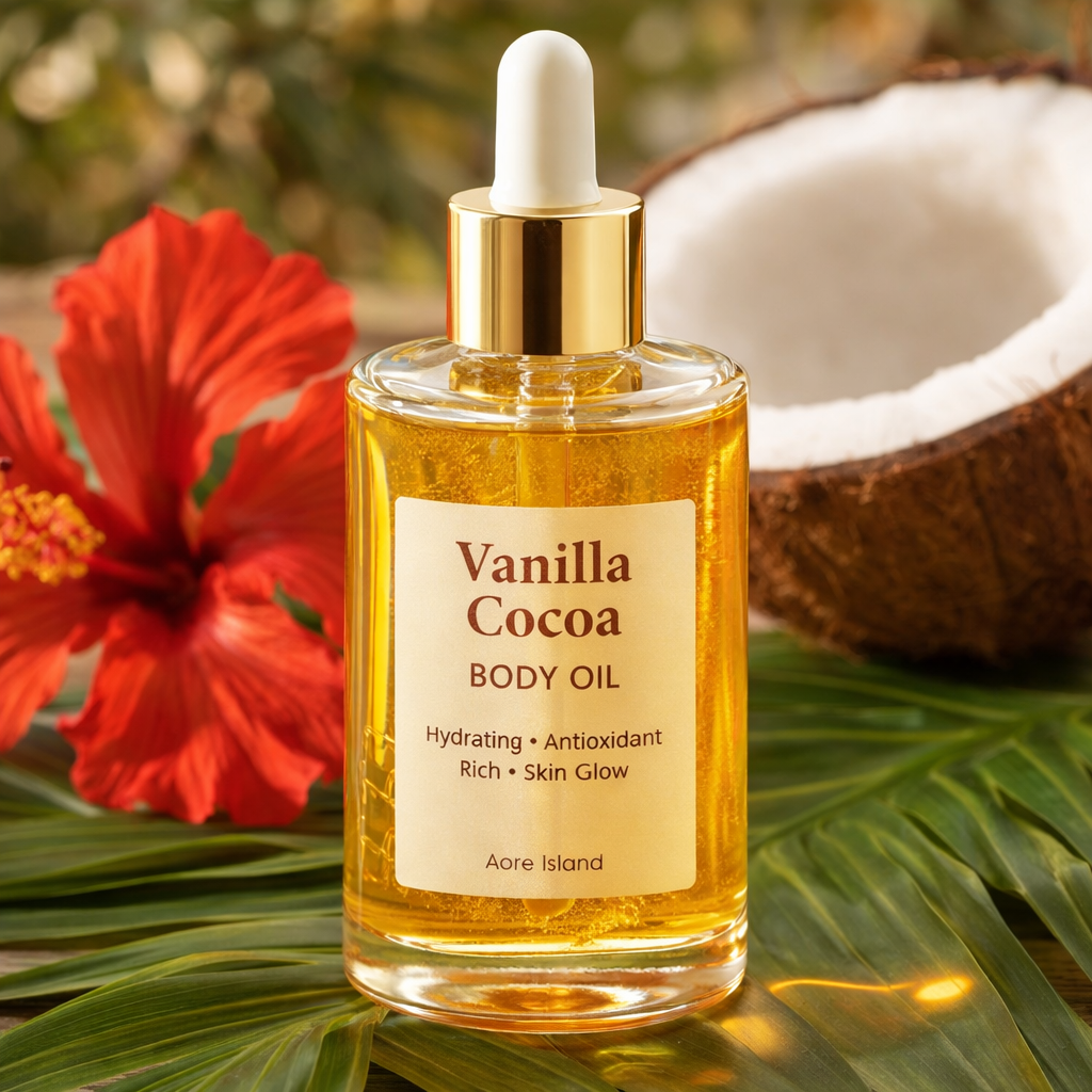 A bottle of Vanilla Cocoa body oil on a palm leaf with a red hibiscus flower and a coconut half in the background.