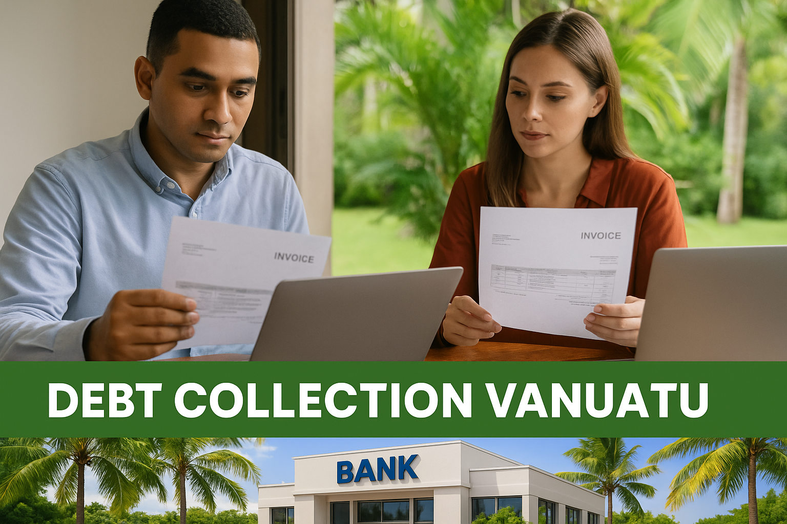 Man and woman reviewing financial documents, laptops present. Text: Debt Collection Vanuatu. Bank building in background.