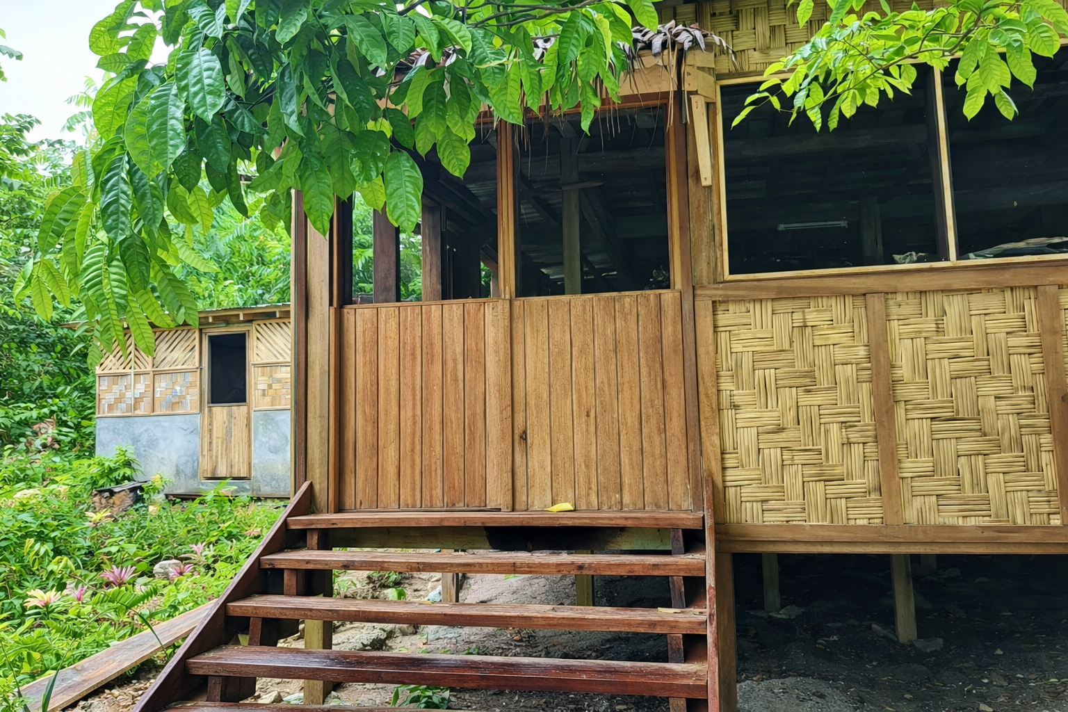 Wooden structure with a woven bamboo wall and staircase, set against a backdrop of lush green trees.