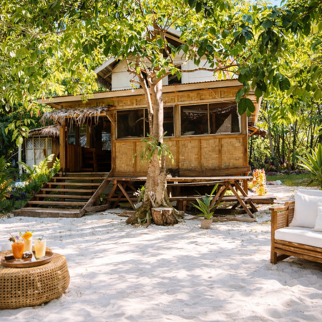 A wooden beach house surrounded by trees with a sandy patio featuring a wicker table, drinks, and outdoor lounge seating.