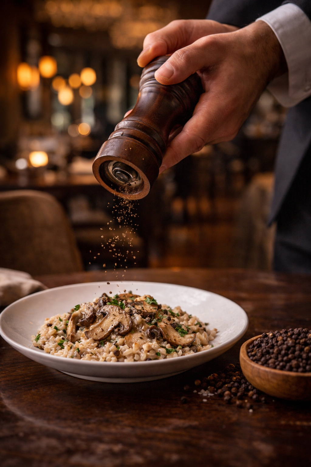 A bag of Phoenix Plantation Whole Black Peppercorns sits on a rustic wooden table surrounded by garlic and fresh herbs.