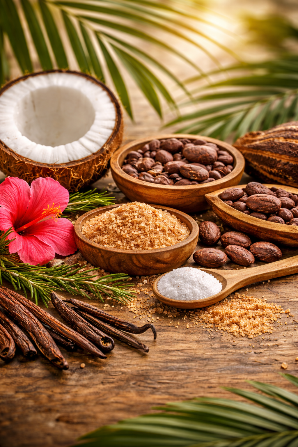 A person in a towel applying brown body scrub to their arm next to a jar of scrub, a coconut, and hibiscus on a wooden table.