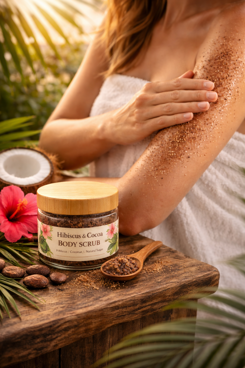 A person in a towel applying brown body scrub to their arm next to a jar of scrub, a coconut, and hibiscus on a wooden table.