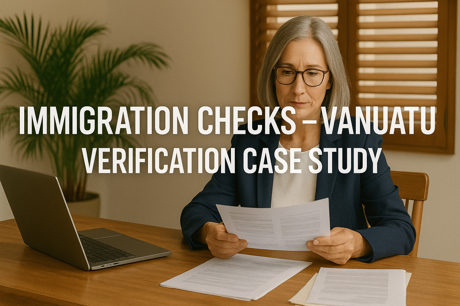 Mature woman in tropical office reviewing Vanuatu immigration documents â Immigration Checks case st