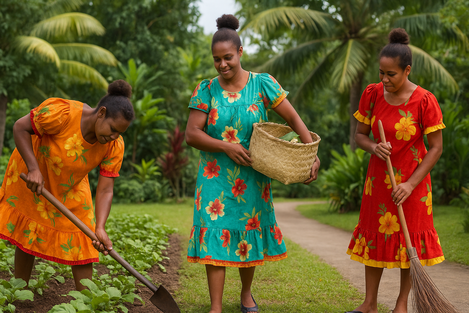 Three women in colorful dresses tend a garden outdoors, one carrying a basket, the others with a hoe and broom.