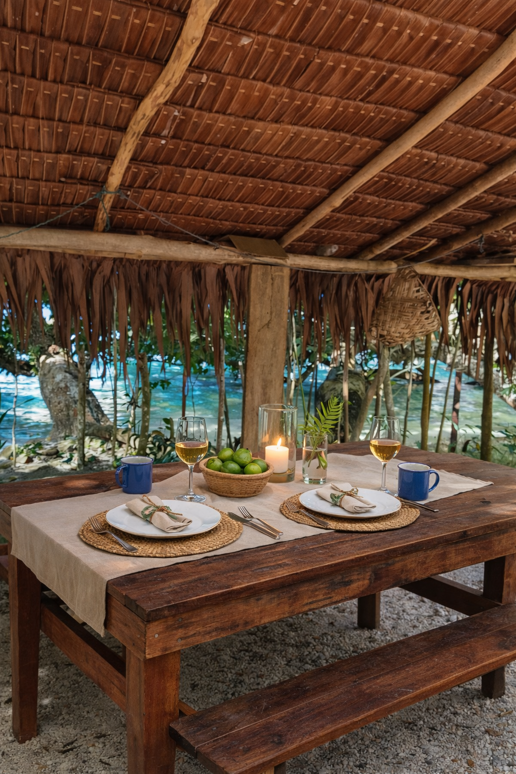A wooden dining table set for two under a rustic thatched-roof structure overlooking a tropical beach.