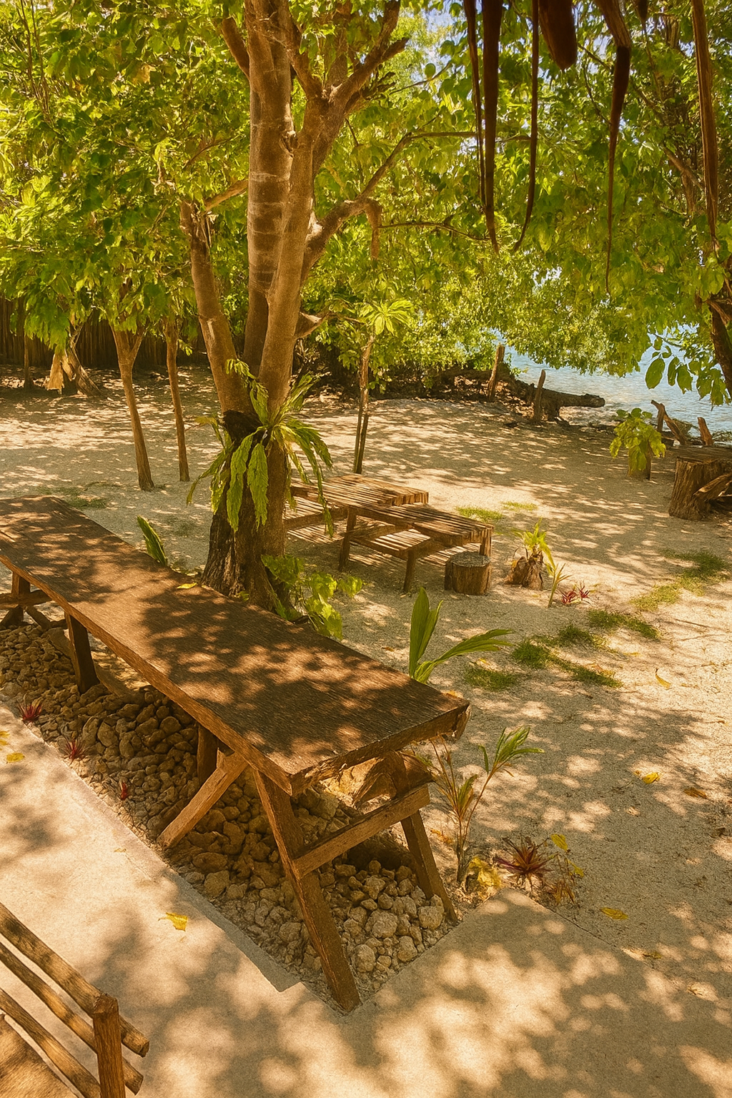 A wooden table and chairs sit on a shaded, sandy beach with gravel underfoot, surrounded by trees near the water.