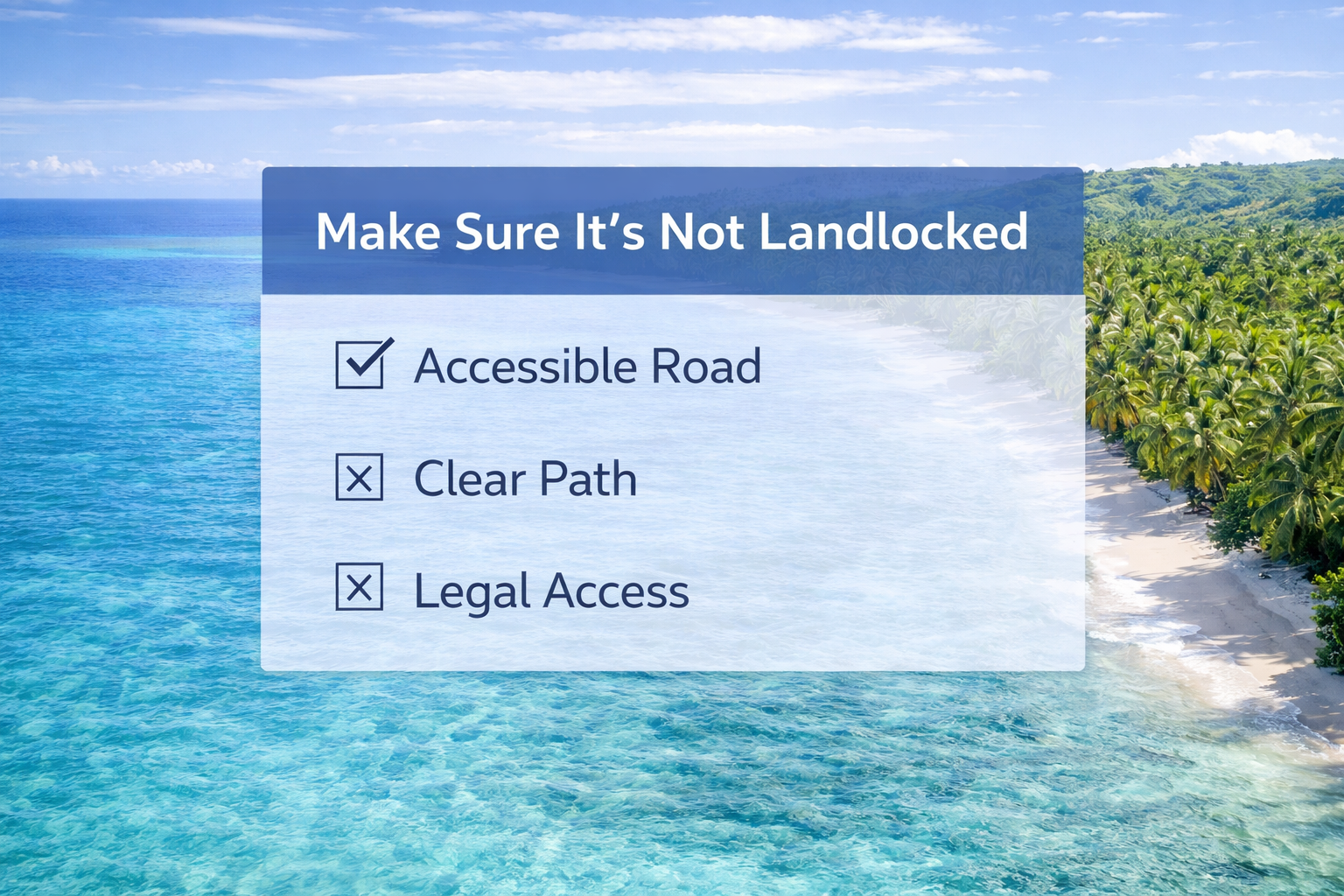 Tropical Vanuatu beach background with clean overlay titled “Make Sure It’s Not Landlocked” showing checklist for road access, clear path, and legal access.