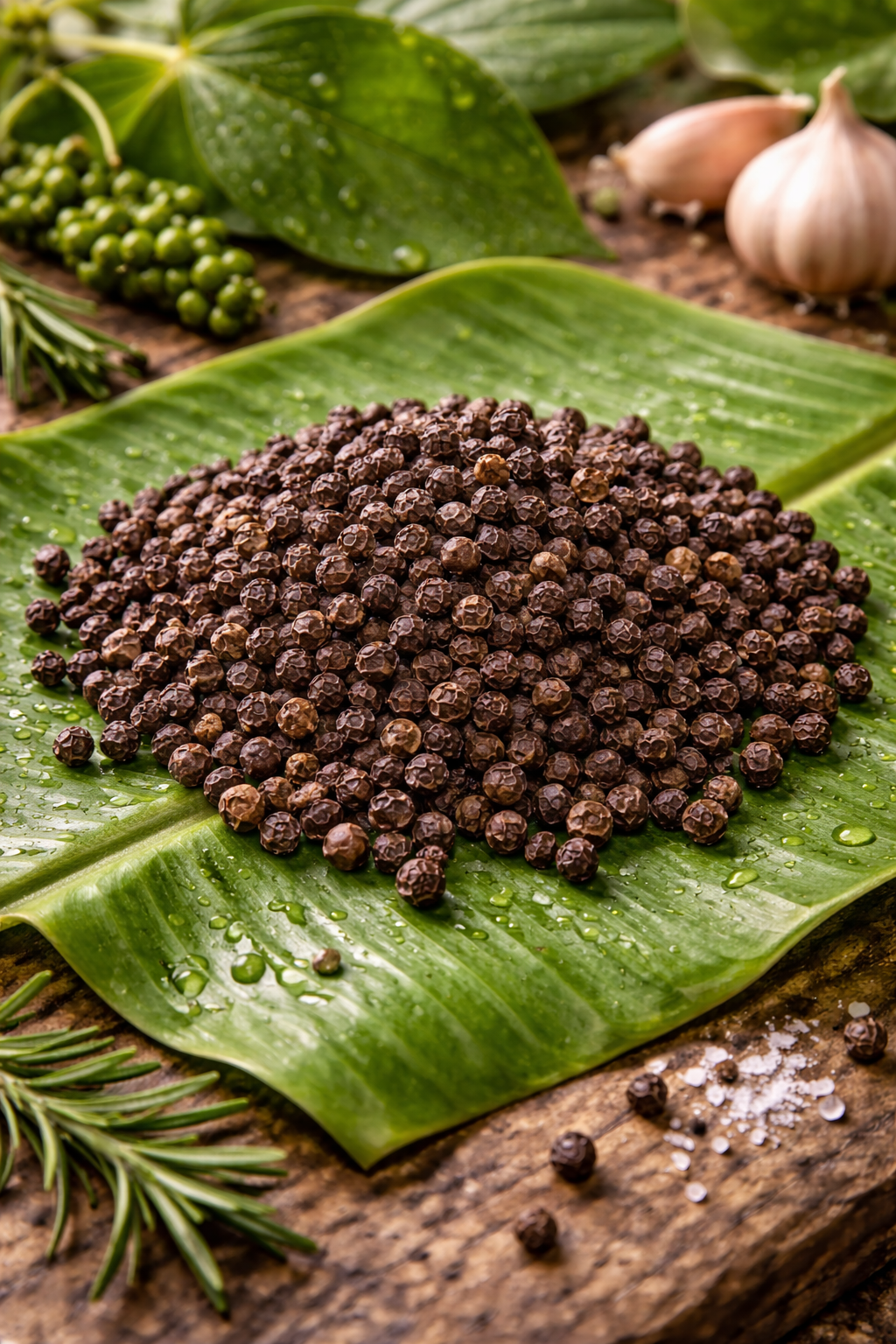 A pile of dried black peppercorns sits on a vibrant green leaf, with garlic, fresh green peppercorns, and herbs nearby.