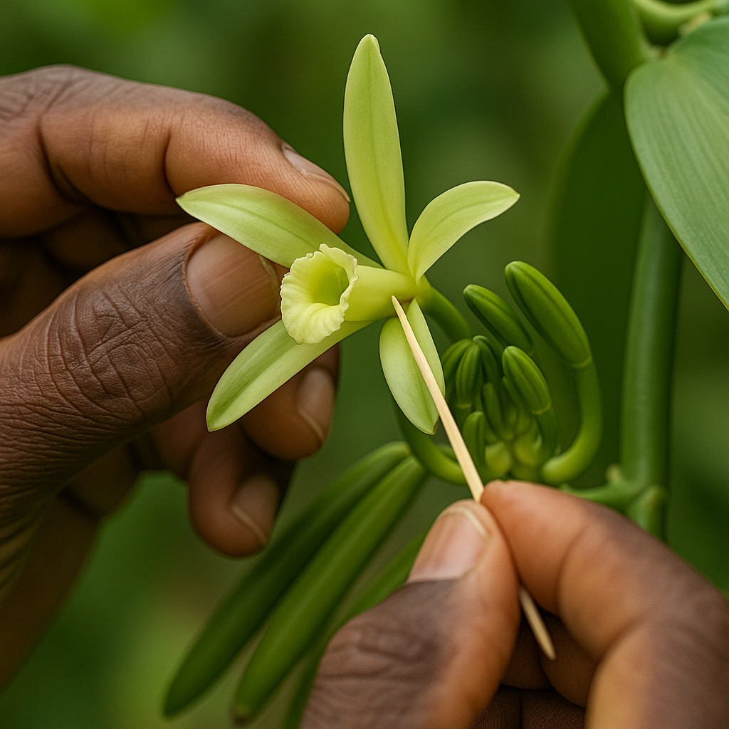“Hand pollination of vanilla orchids – essential process for Vanuatu farming business.”