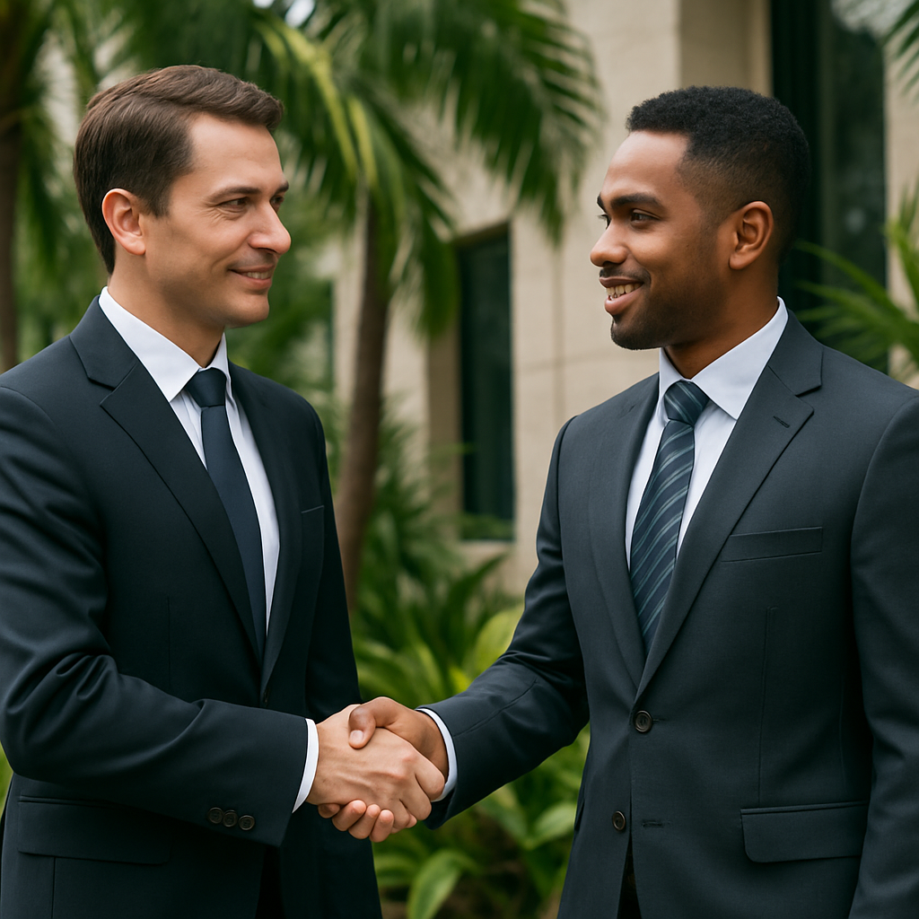 Two men in suits shaking hands outdoors, smiling in Vanuatu