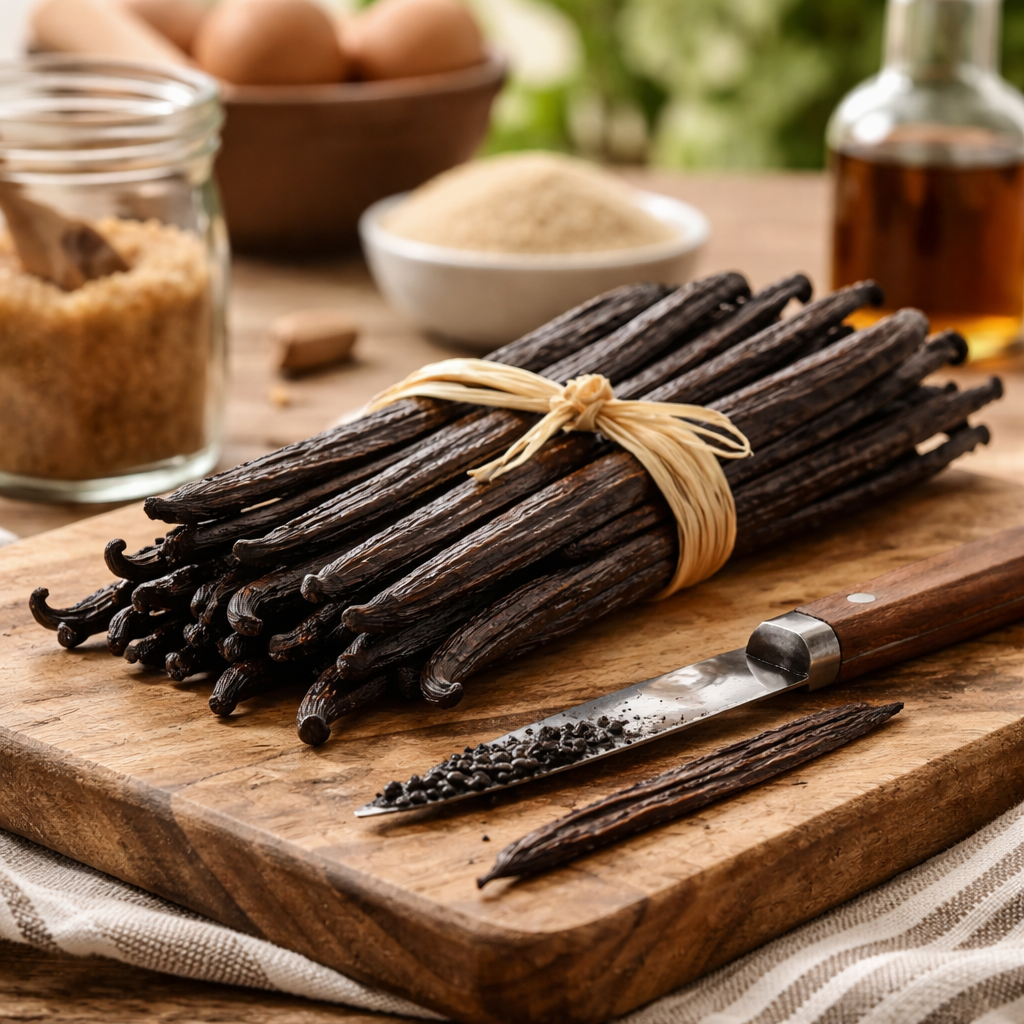 A bundle of dark vanilla beans on a wooden board, with a knife and scraped seeds nearby, plus baking ingredients.