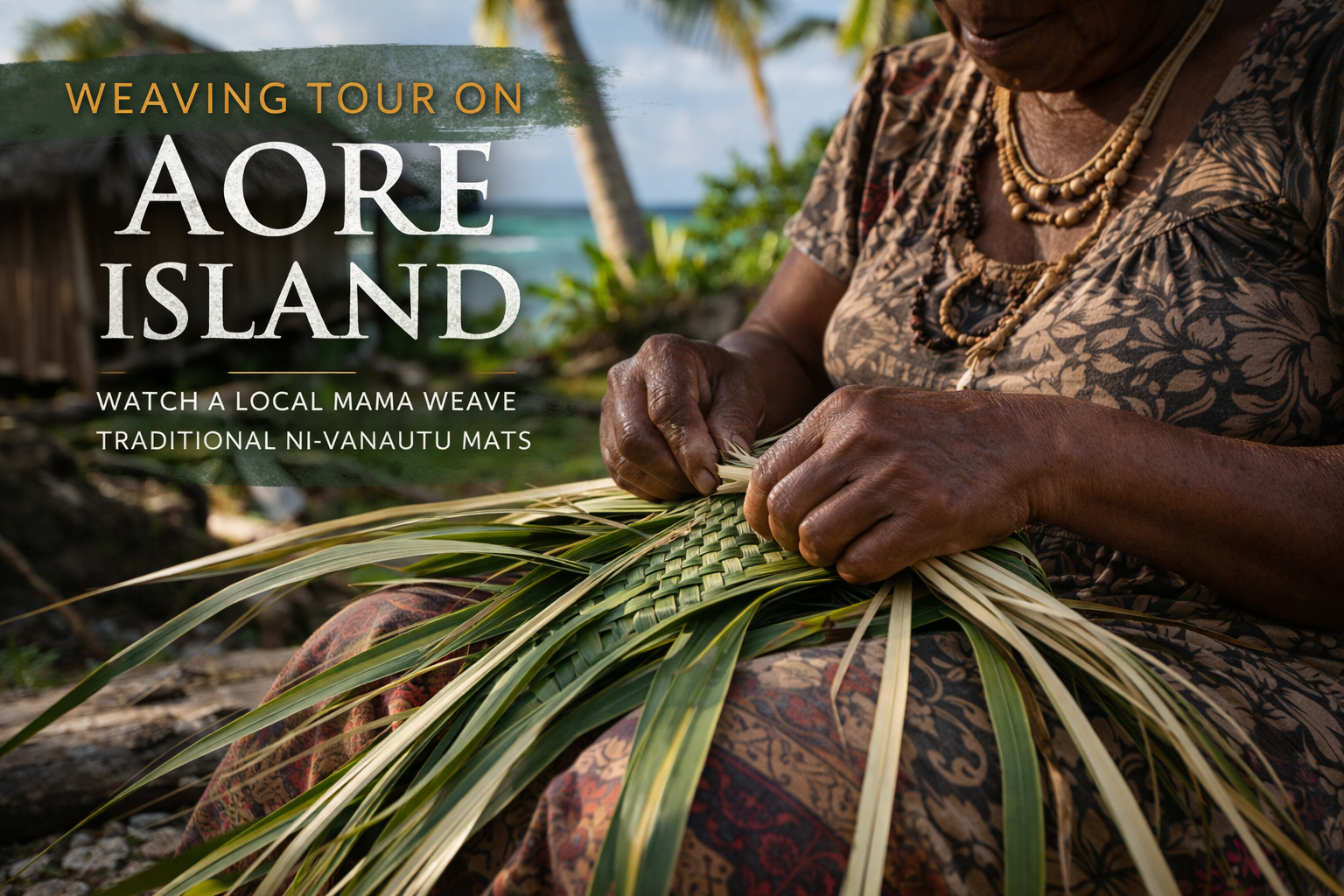 Ni Vanuatu woman weaving with the words weaving tour Aore Island
