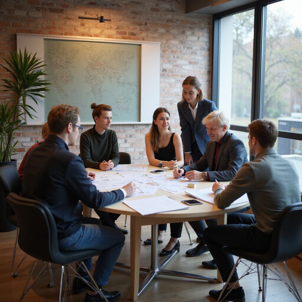A team meeting around a circular table. People are discussing papers, one woman is standing, windows and a map on the wall.