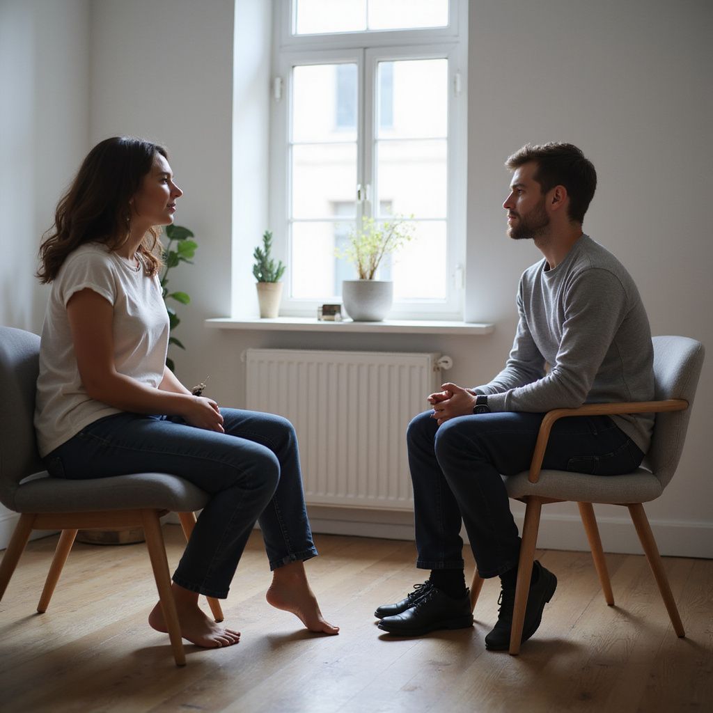 Woman and man sit facing each other in chairs, engaged in a conversation, likely therapy.