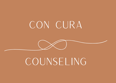 Logo for Con Cura Counseling; white text and infinity symbol on a brown background.