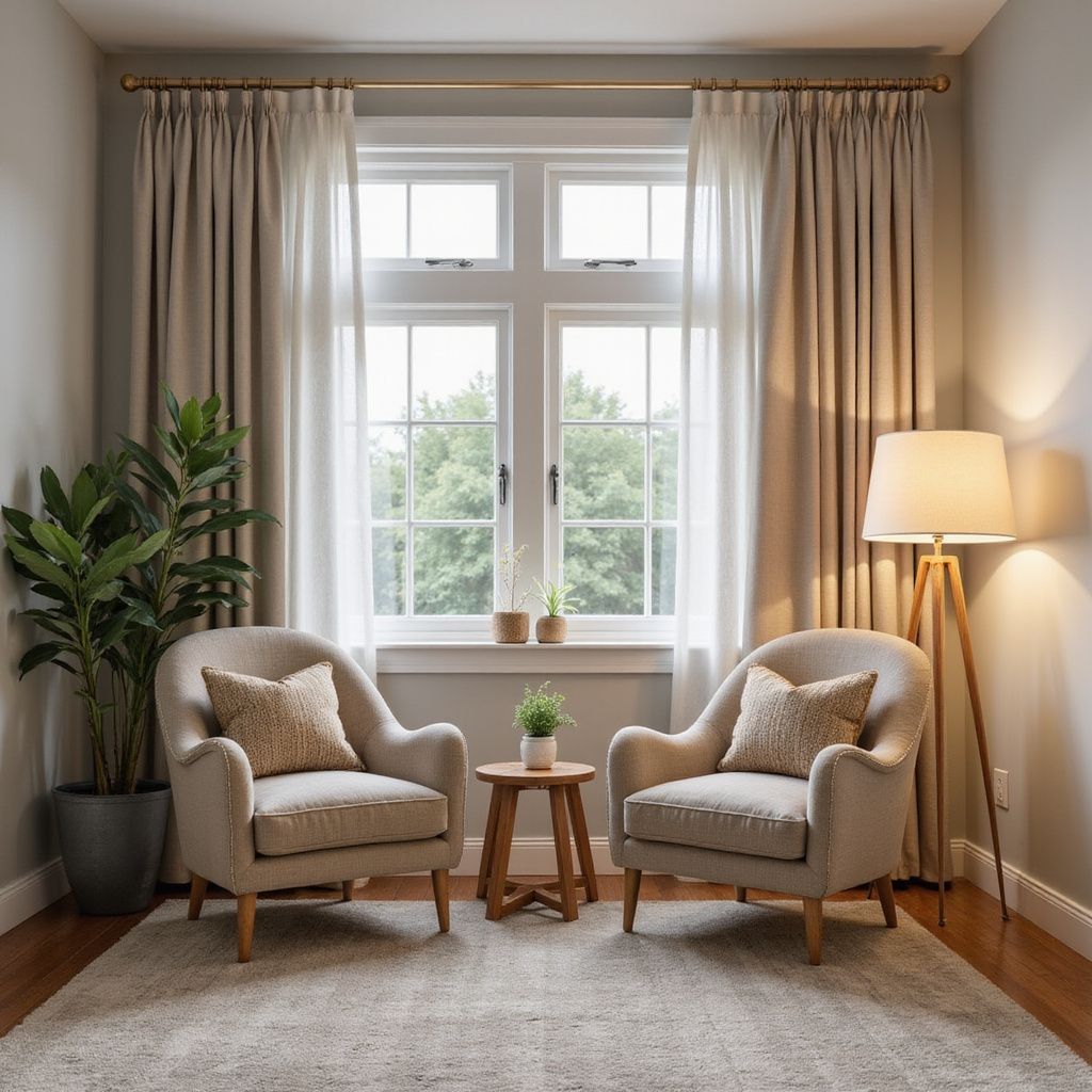 Cozy living space with two beige armchairs, small wooden table, and window with beige curtains.