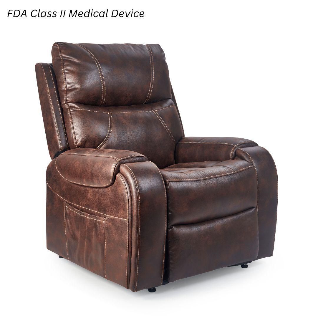 Brown leather recliner labeled as an FDA Class II medical device.