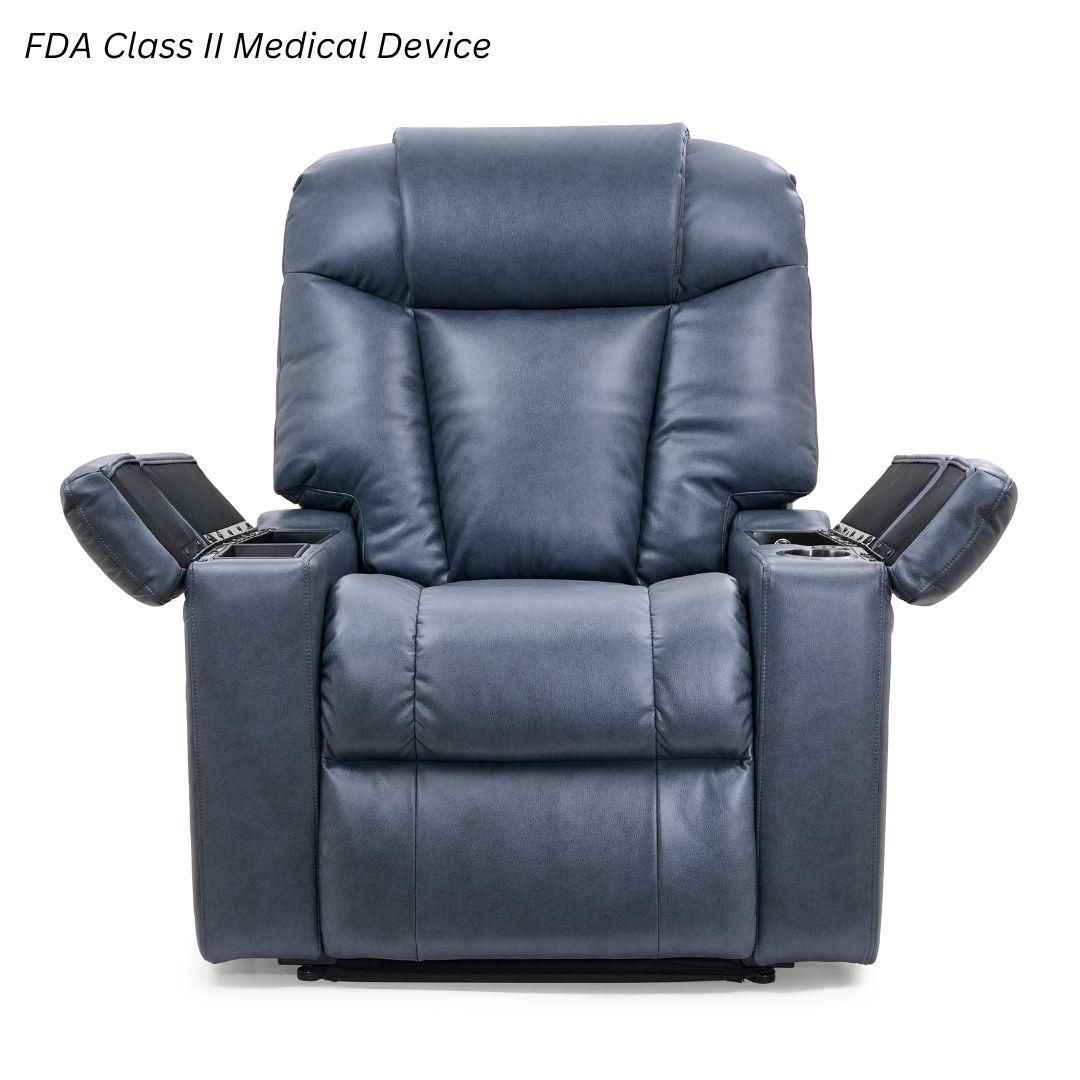 A blue leather lift recliner chair on a white background.