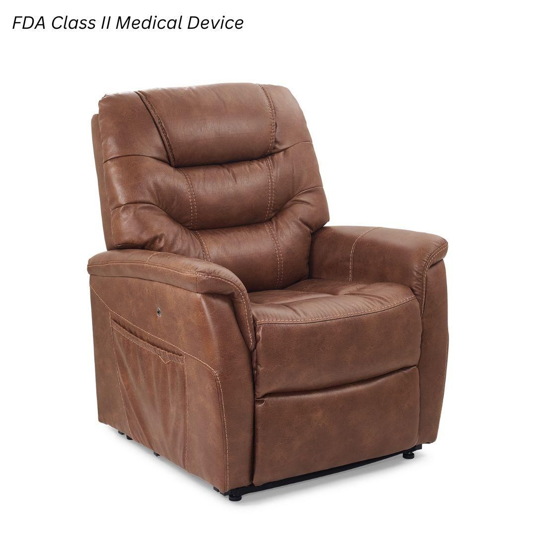 A brown, faux-leather power lift recliner labeled as an FDA Class II Medical Device against a white background.