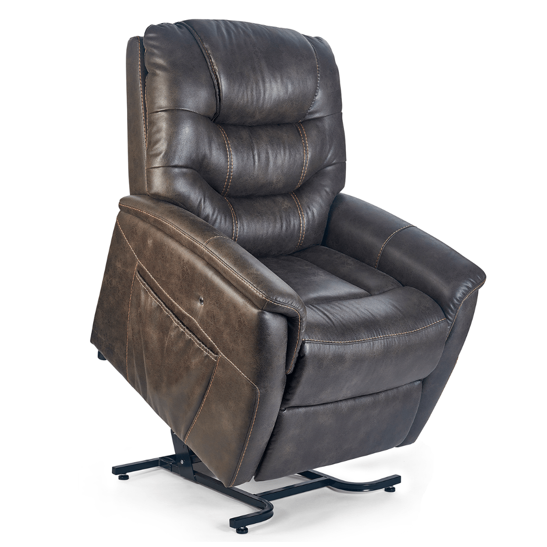A brown, faux-leather power lift recliner labeled as an FDA Class II Medical Device against a white background.