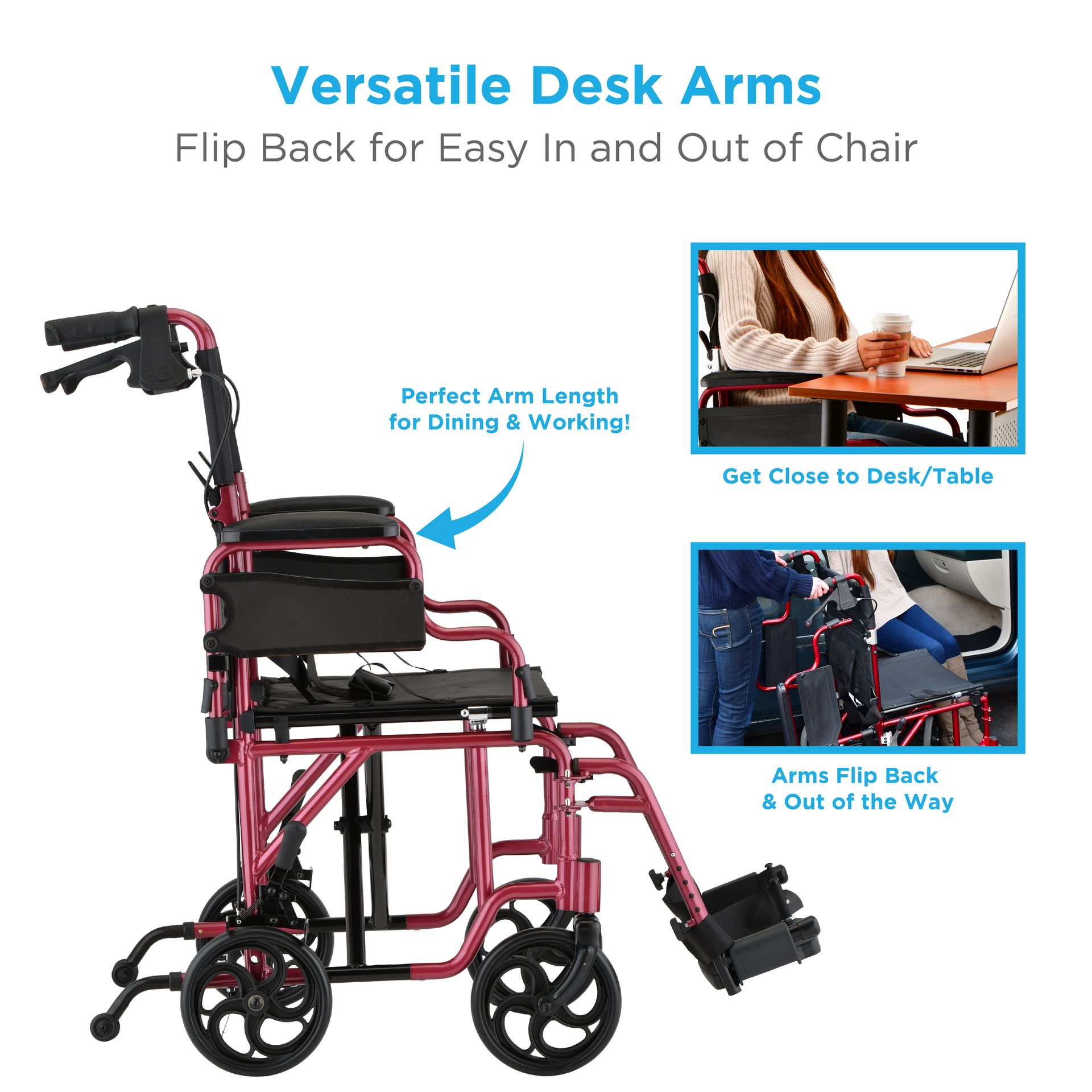 Nova lightweight transport chair with flip-up desk arms.
