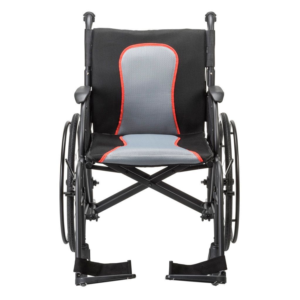A black and grey manual wheelchair with a padded seat and backrest, against a white background.