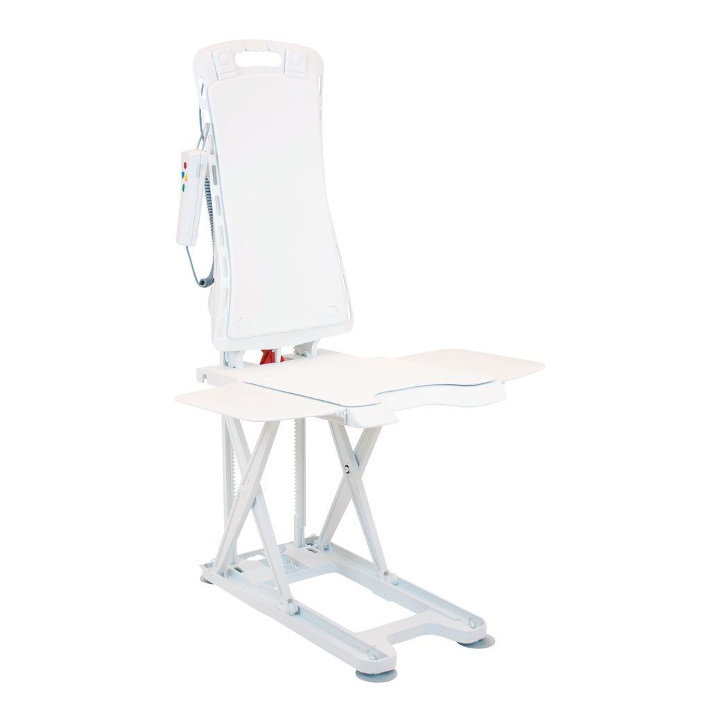 A white, battery-operated bath lift chair with a backrest and seat for mobility assistance in the tub.