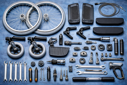 A flat lay of disassembled wheelchair parts, including wheels, frame components, and various tools on a blue background.