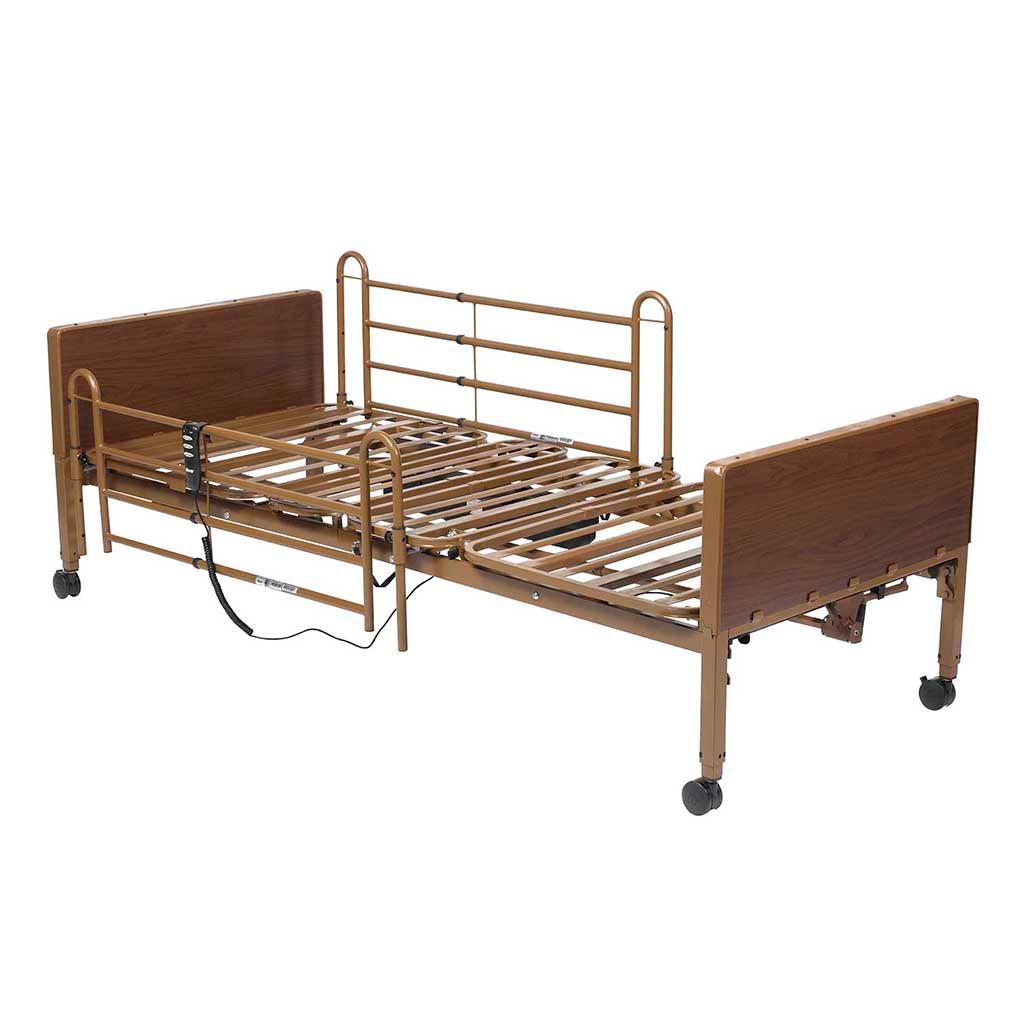 Adjustable brown home hospital bed with metal frame, wood-grain head and footboards, and half-length safety rails.