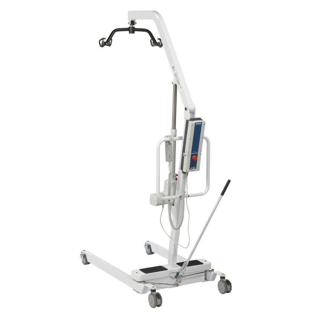 A white, mobile electric patient lift on wheels with a spreader bar and a hand control pendant.