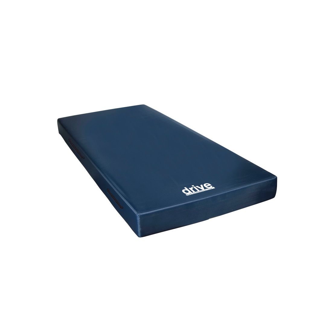 A dark blue, rectangular medical-grade foam mattress topper with the brand name "Drive" printed in white on one side.