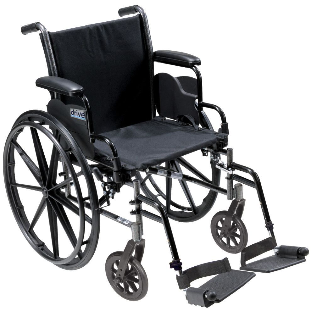 A black, manual wheelchair with large rear wheels, small front casters, and footrests on a white background.