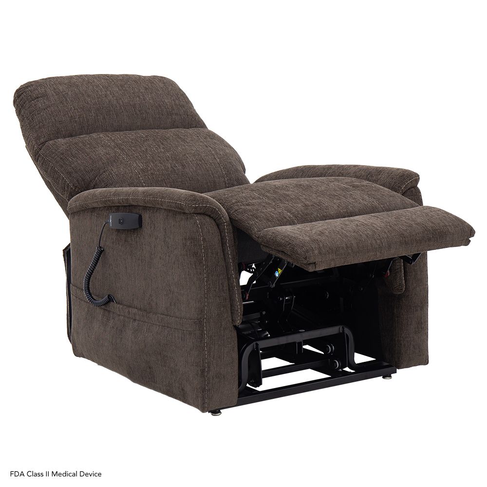 A dark brown power lift recliner chair positioned in an upright, partially lifted stance on a metal frame.