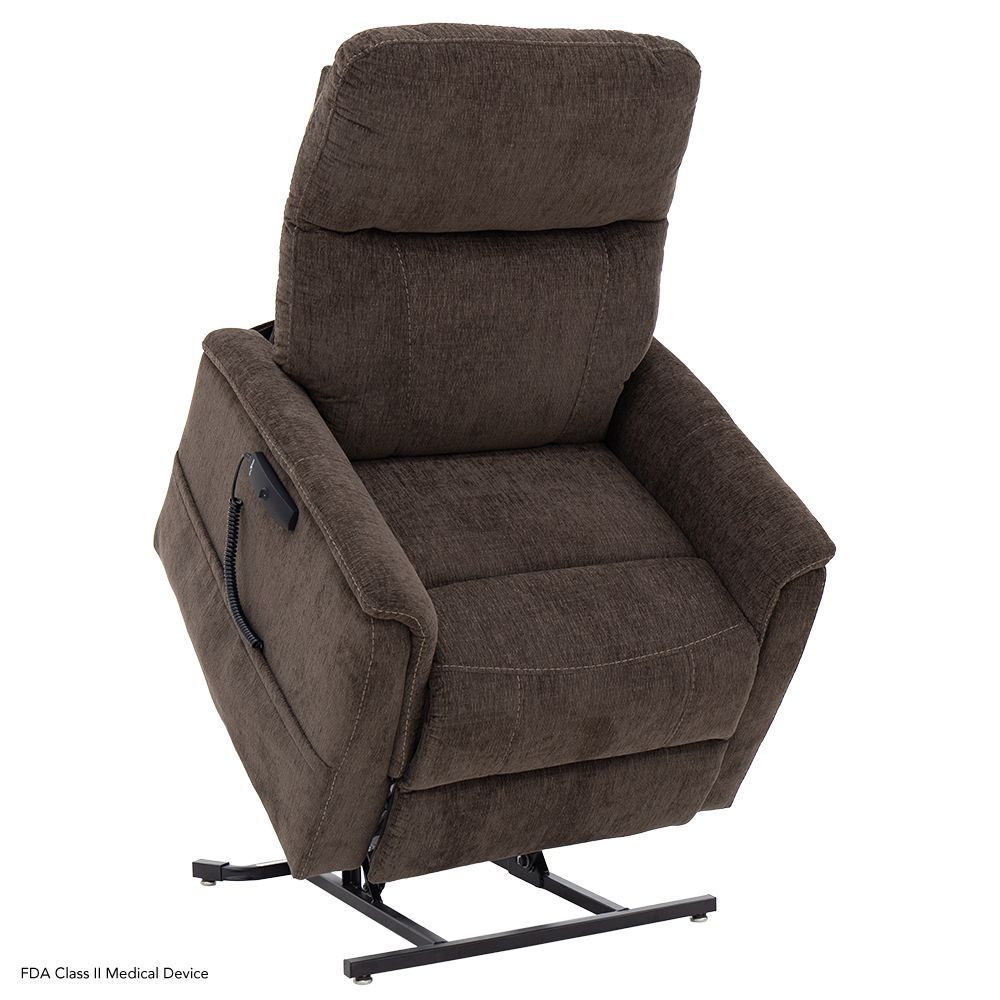 A dark brown power lift recliner chair positioned in an upright, partially lifted stance on a metal frame.
