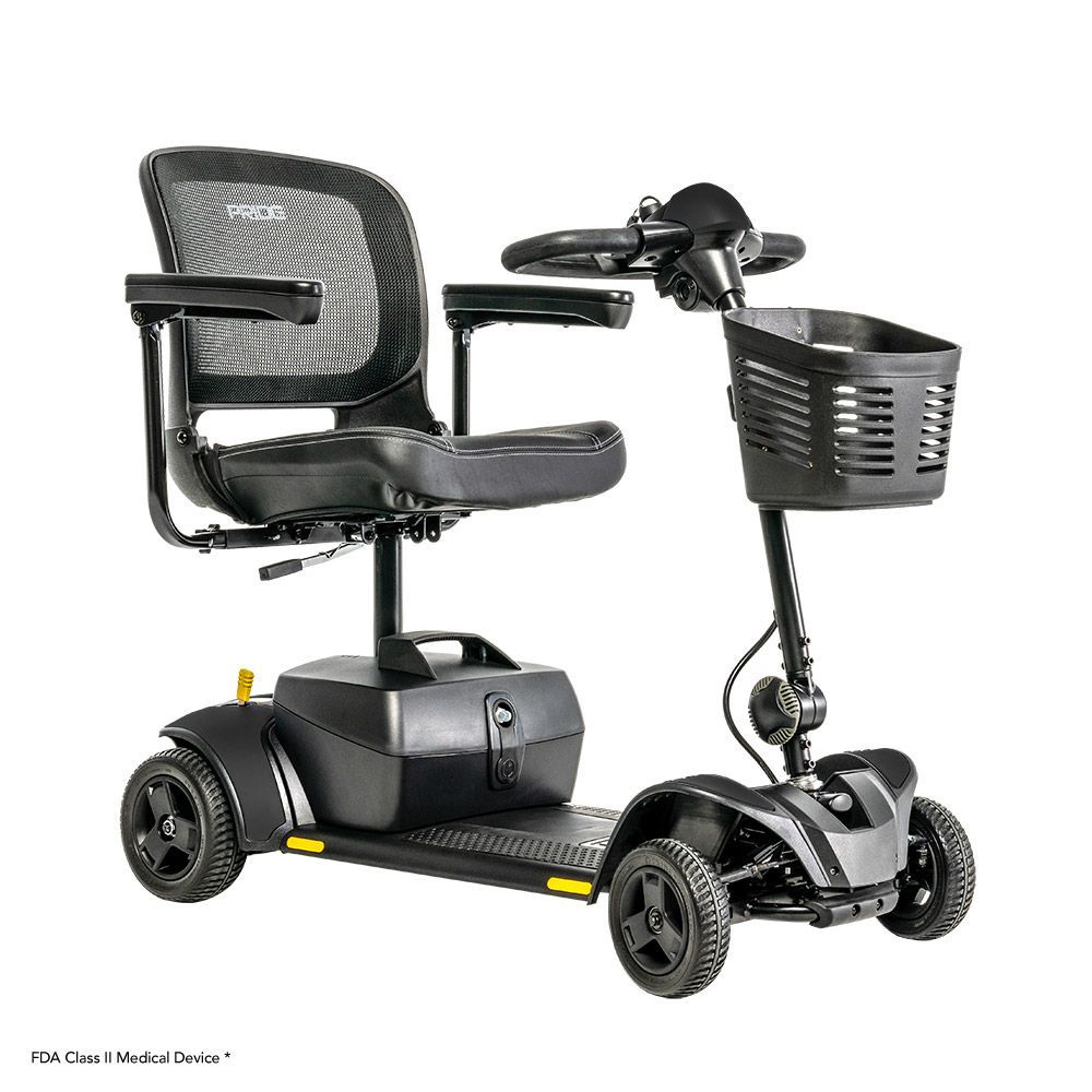 A four-wheeled black mobility scooter with a mesh back seat and front storage basket against a white background.