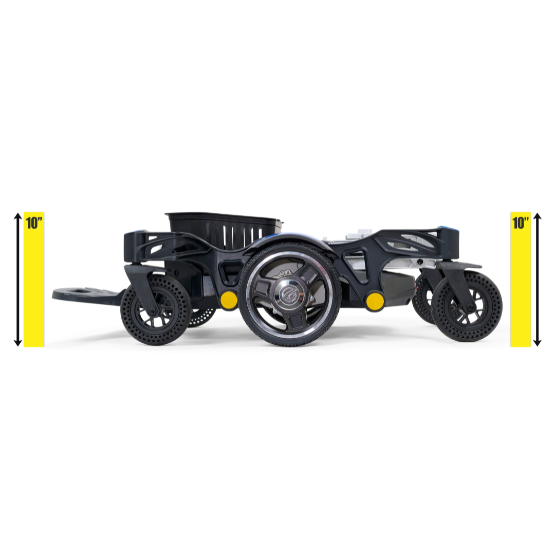 A black motorized power wheelchair with a storage basket, joystick controller, and elevated seat on a white background.