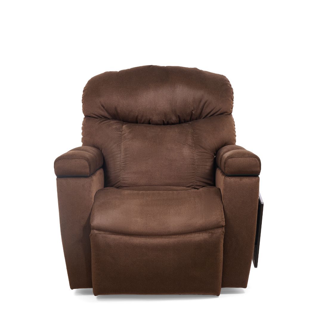 A plush, chocolate-brown recliner chair centered against a white background.