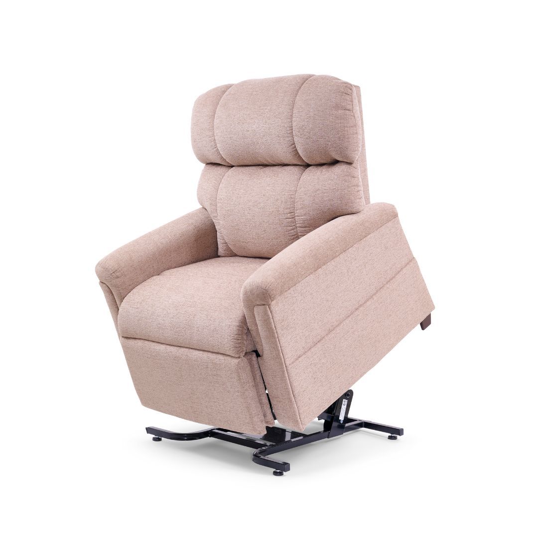 A light brown textured fabric lift recliner chair on a white background, labeled as an FDA Class II Medical Device.