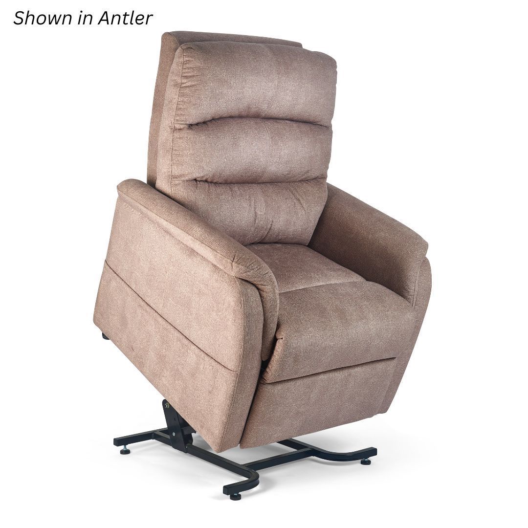 A tan, upholstered lift recliner chair on wheels with 