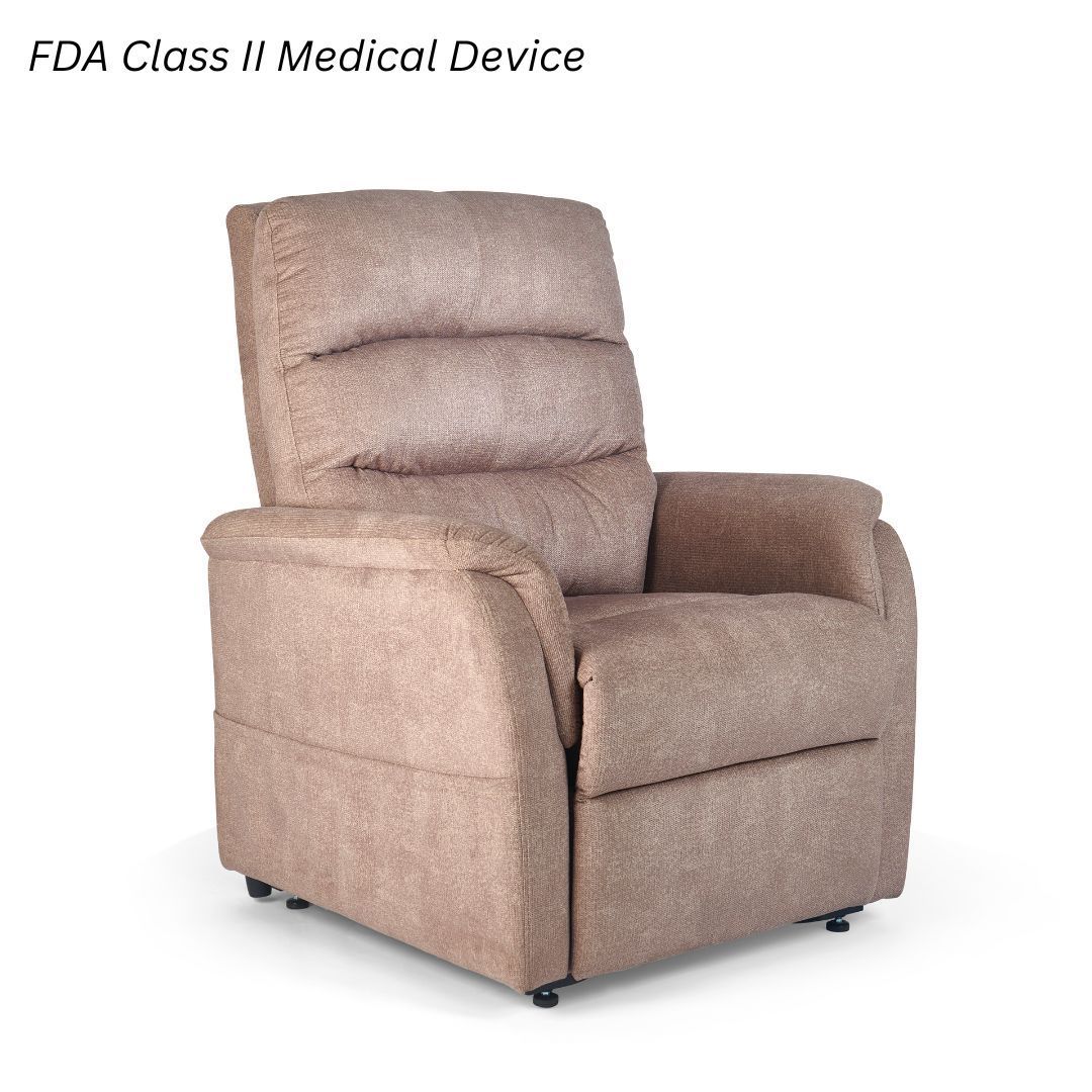 A tan, upholstered lift recliner chair on wheels with 