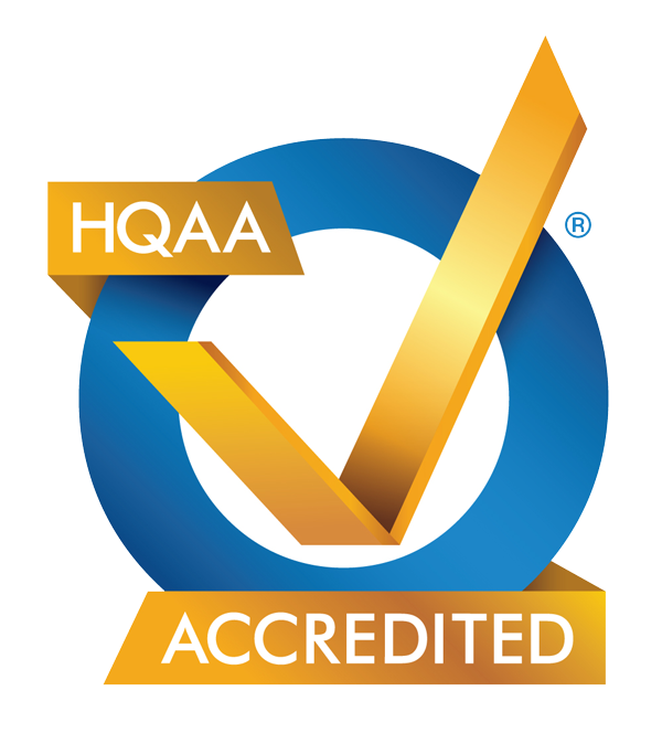 The HQAA Accredited logo: a gold checkmark overlapping a blue circle with the text